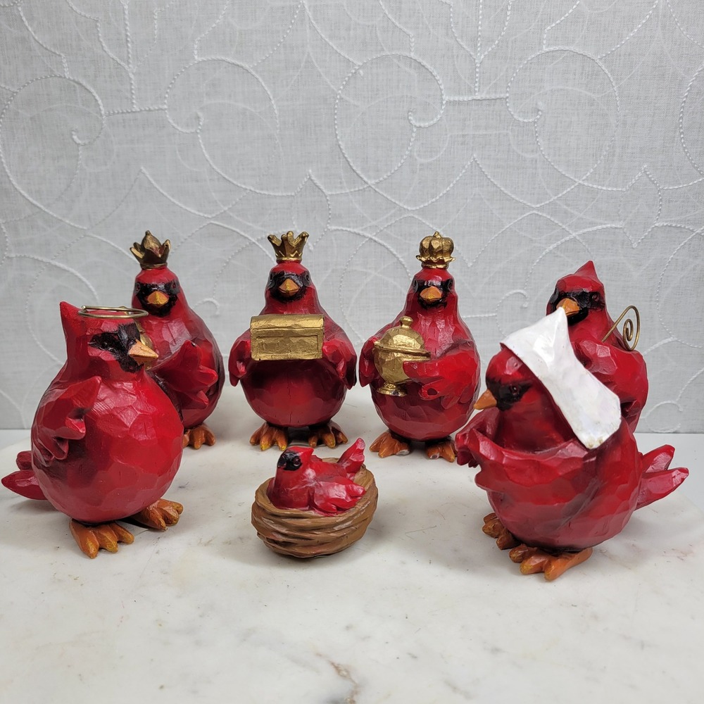 Slifka Cardinal Nativity 7 Pc Set Red Resin Christmas Birds Decor Folk Art